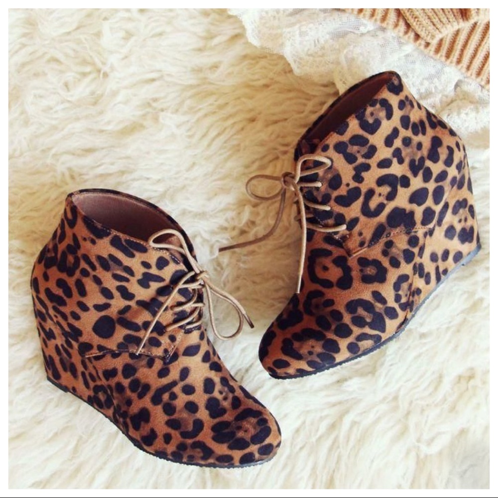 Leopard print lace up wedge booties